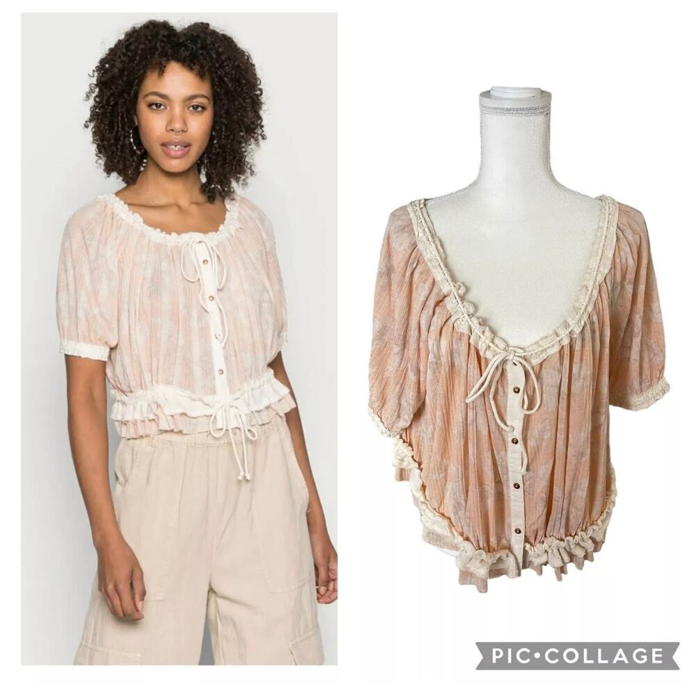 Free People Perfect Day Gathered Crop Ruffle Top Neutral Combo Size Large - NWT